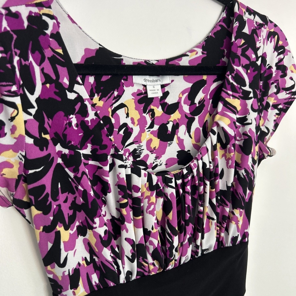 Dress Barn Sz 6 Short Sleeve Purple Black Floral Black Tie Back Flare Fun Dress - Picture 3 of 9
